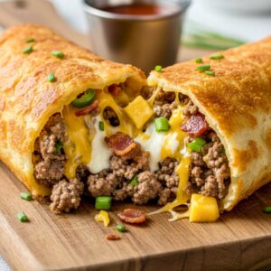 Keto Bacon Cheeseburger Taquitos on a baking sheet with melted cheese shells