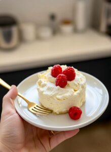 1 Minute Microwave Cheesecake in a mug, freshly cooked and creamy