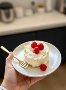 1 Minute Microwave Cheesecake in a mug, freshly cooked and creamy