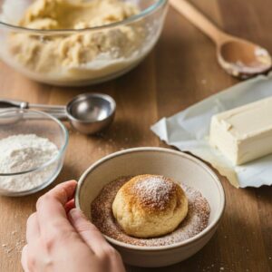 “Rolling Keto Cream Cheese Snickerdoodles dough in cinnamon sweetener”